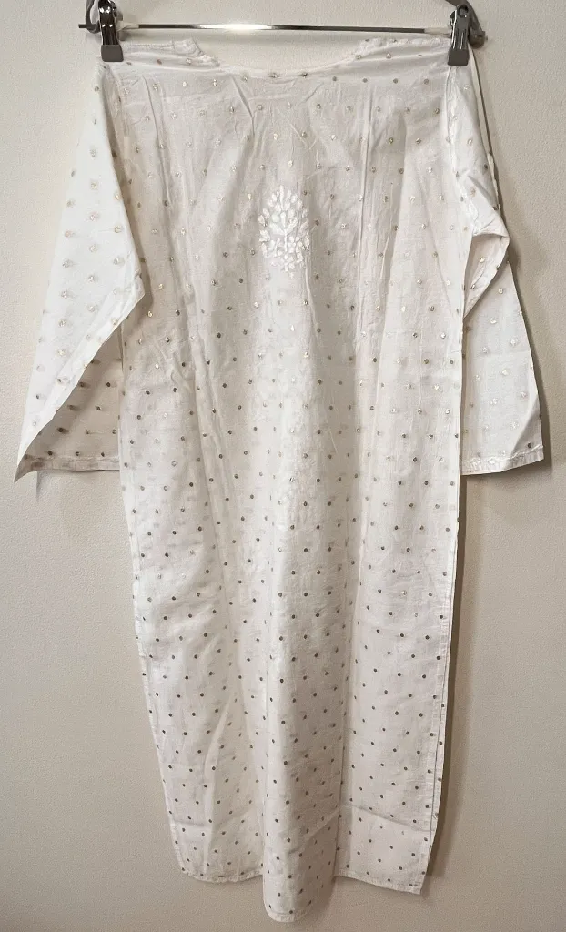 Long Kurti - Ryon Cotton Lucknawi Chikankari -Soft Ivory with gold polka - pic2.webp