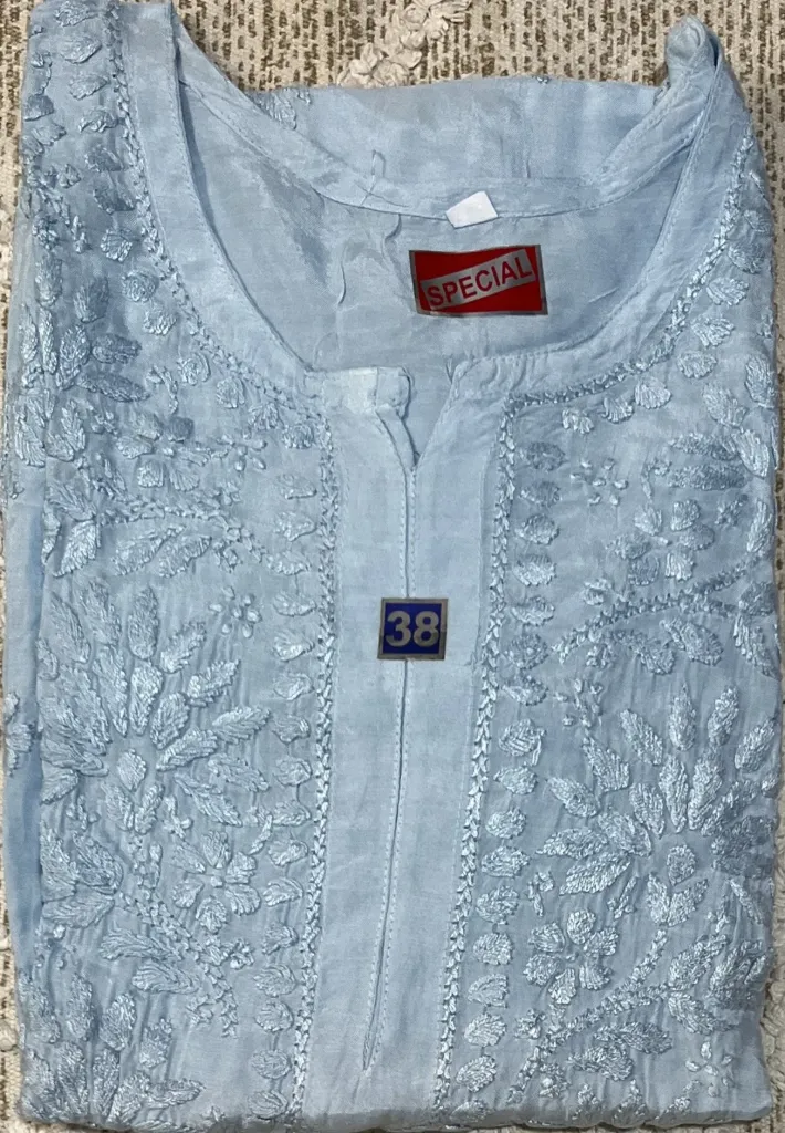 LK-029-Handcrafted Chikankari Malmal Long Kurti - Size 38