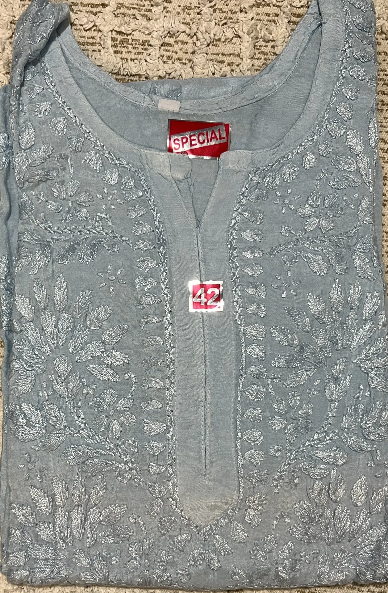 LK-032-Handcrafted Chikankari Malmal Long Kurti - Size 42