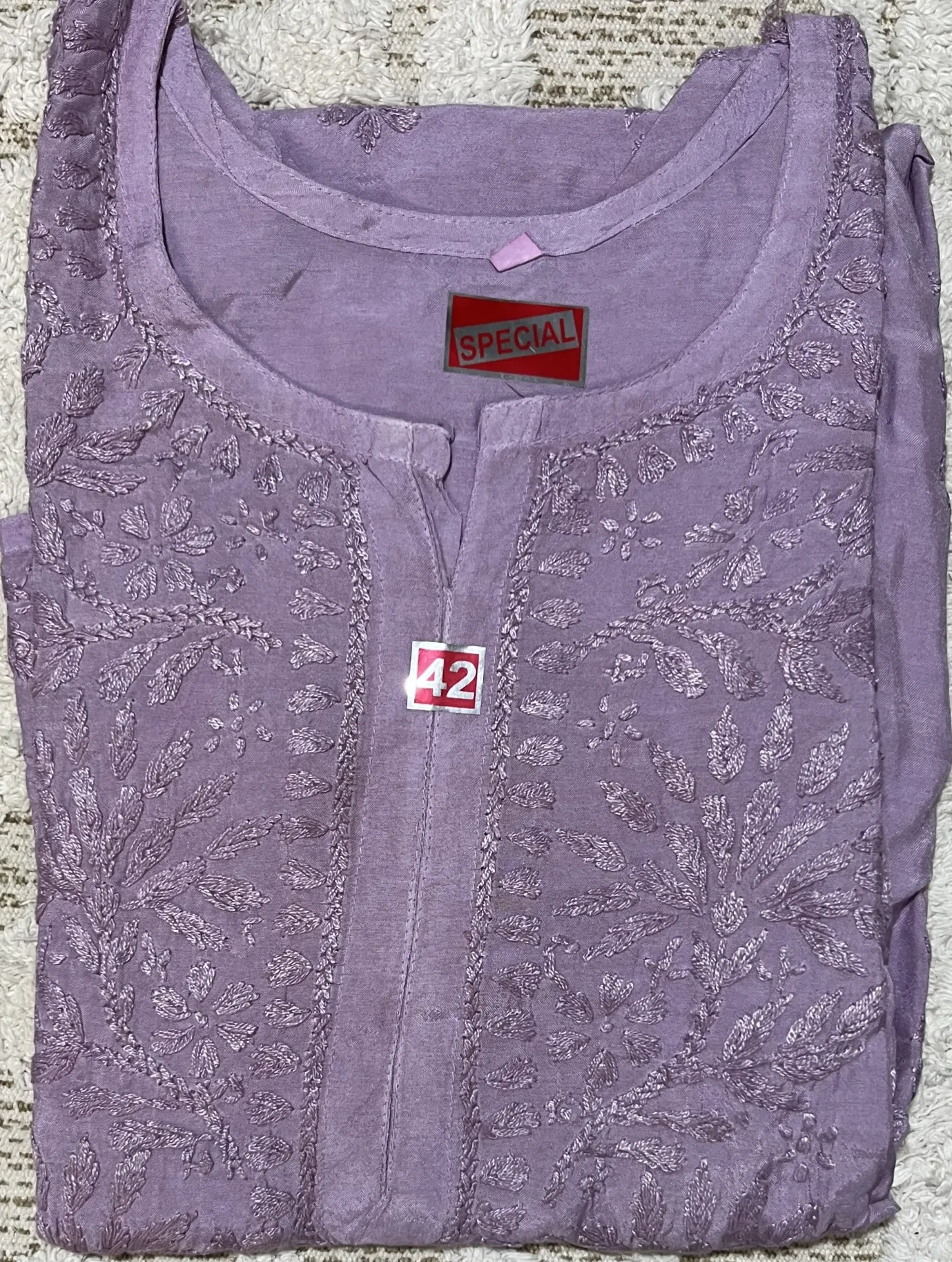 LK-033-Handcrafted Chikankari Malmal Long Kurti - Size 42