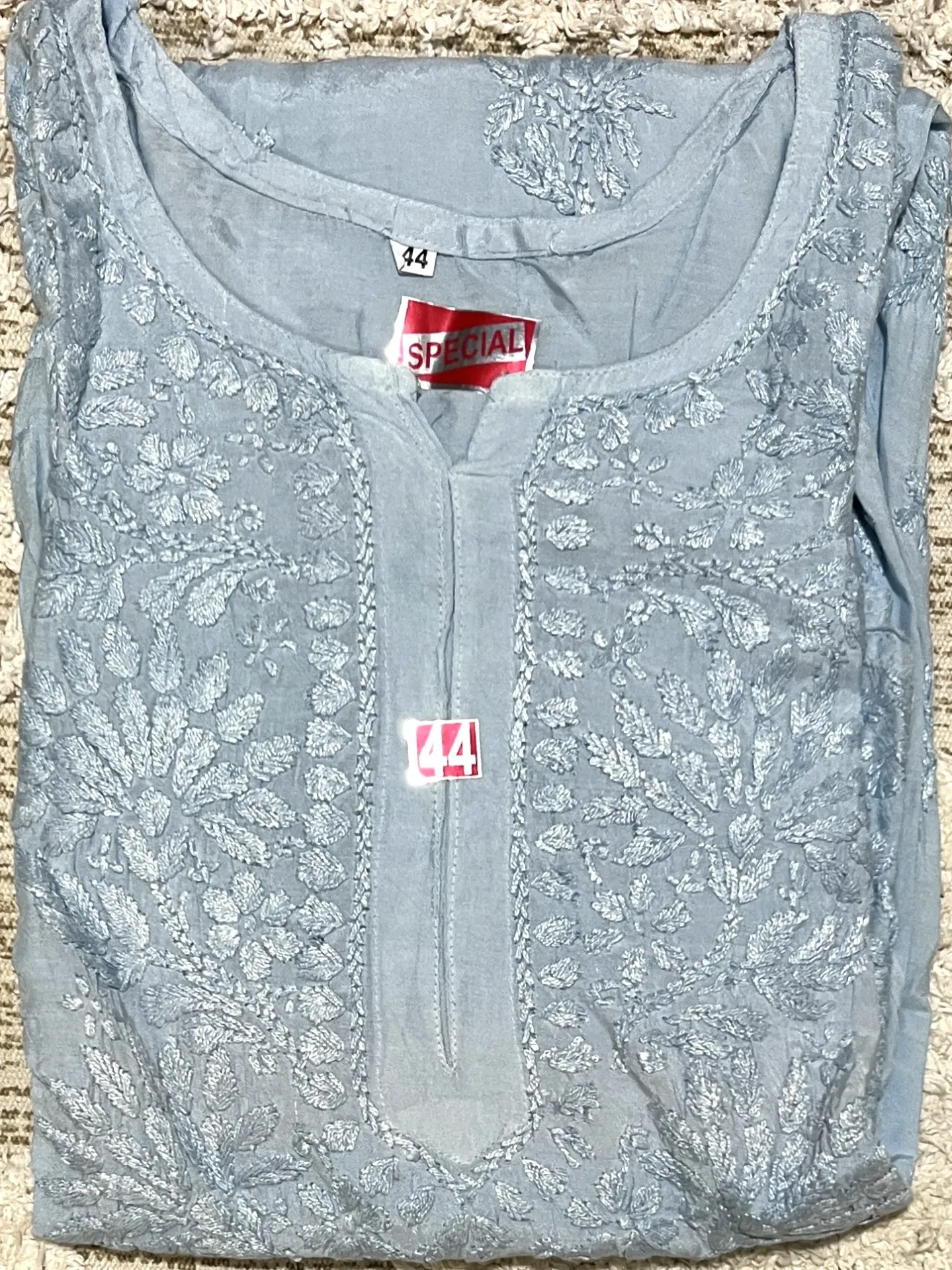 LK-039-Handcrafted Chikankari Malmal Long Kurti - Size 44