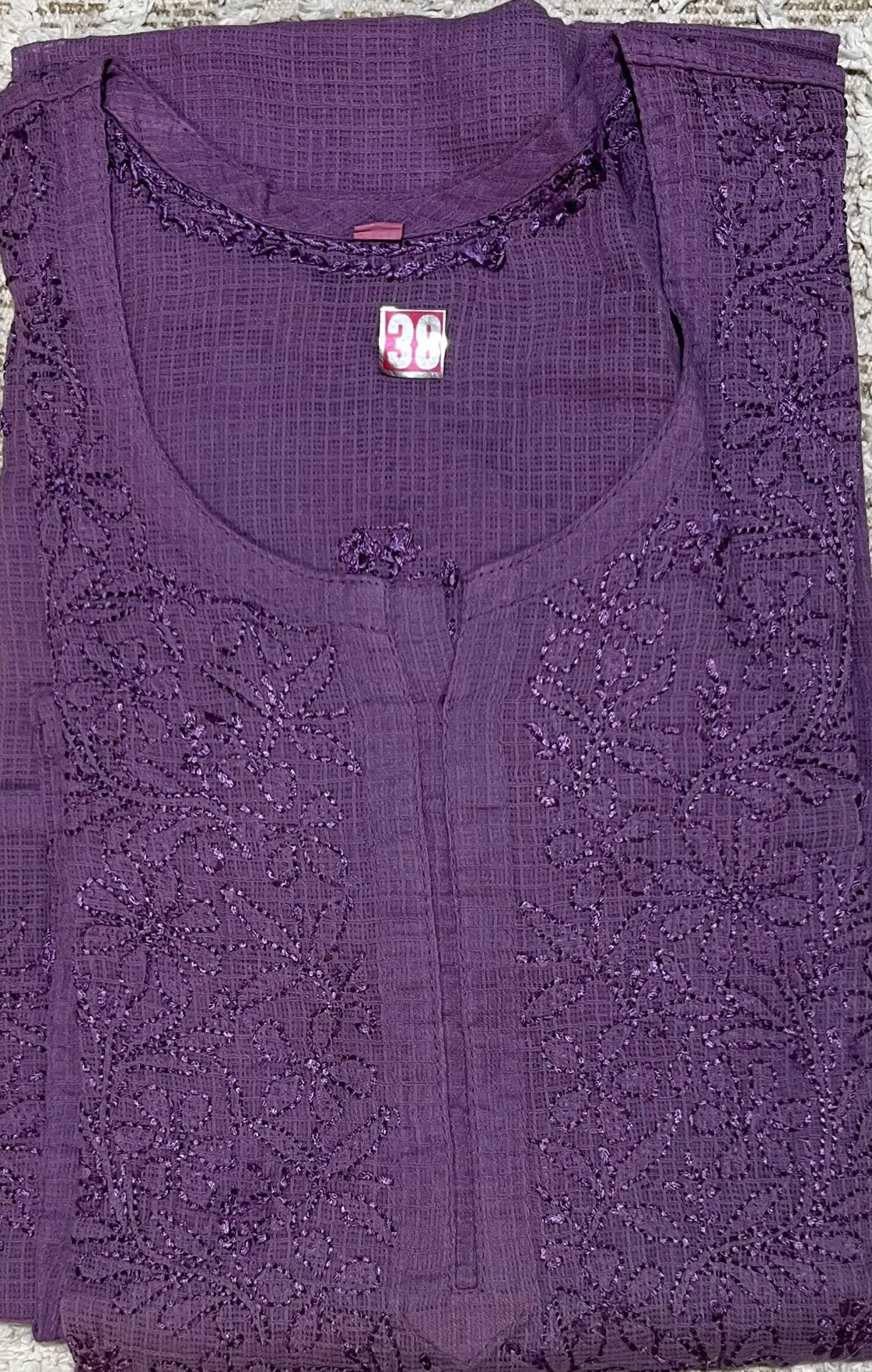 LK-042-Handcrafted Chikankari Kota Doria Long Kurti - Size 38