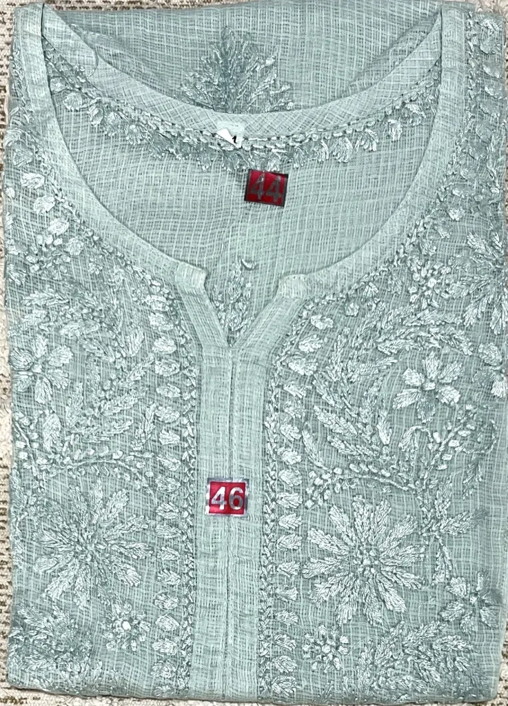 LK-044-Handcrafted Chikankari Kota Doria Long Kurti - Size 46