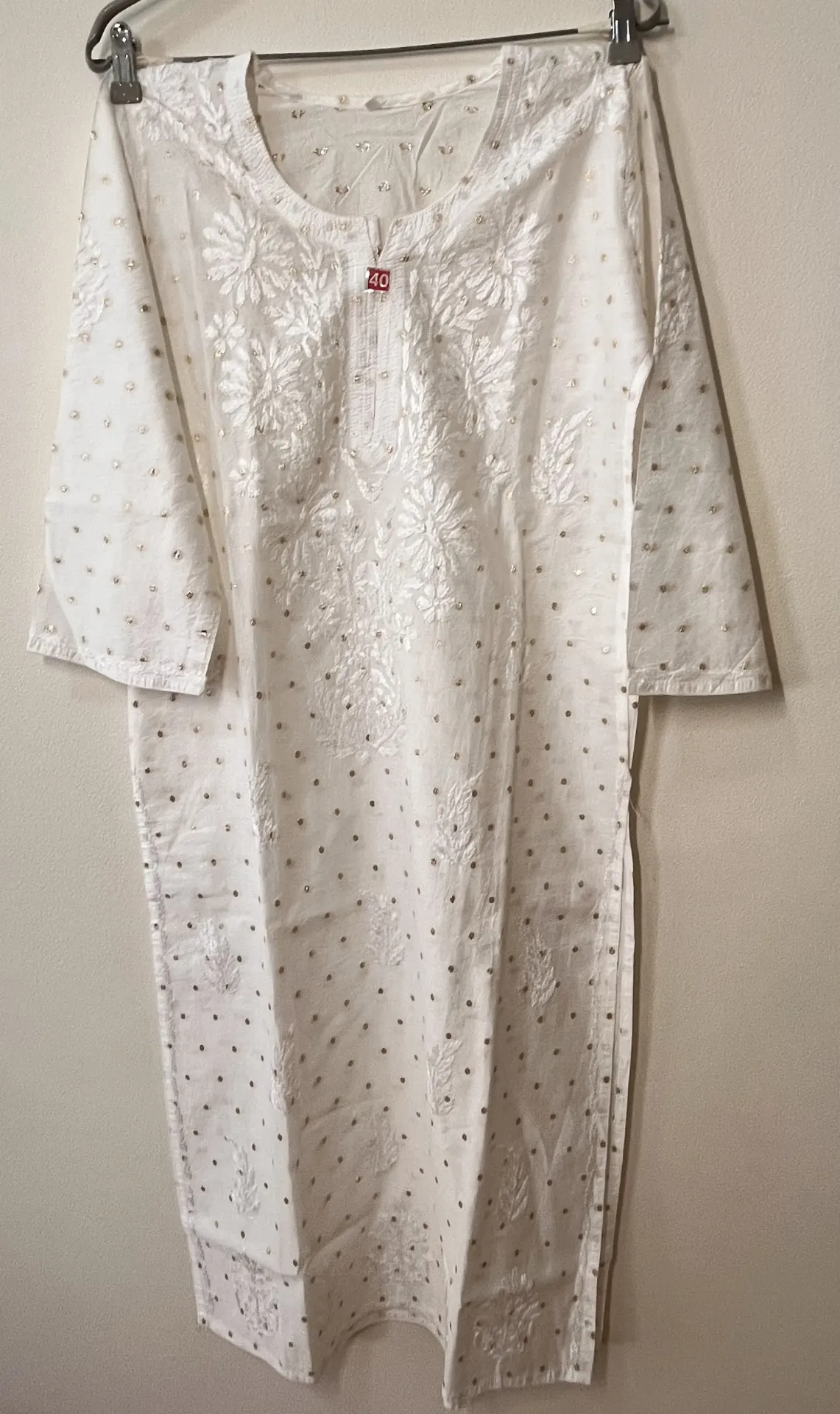 Long Kurti - Chanderi Cotton Lucknawi Chikankari -Soft Ivory with gold polka