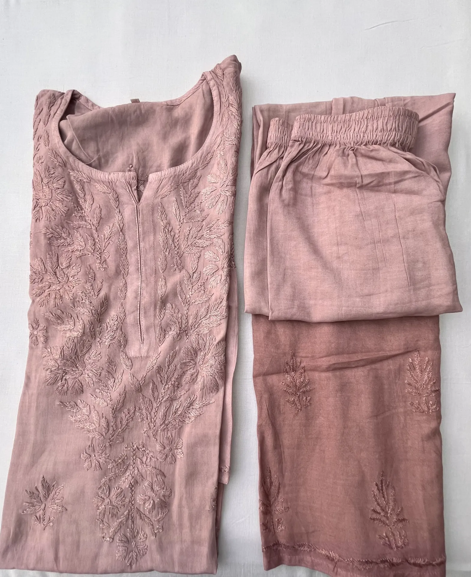 Long Kurti with Plazzo - Ryon Cotton Lucknawi chikankari - Smoky Blush Pink