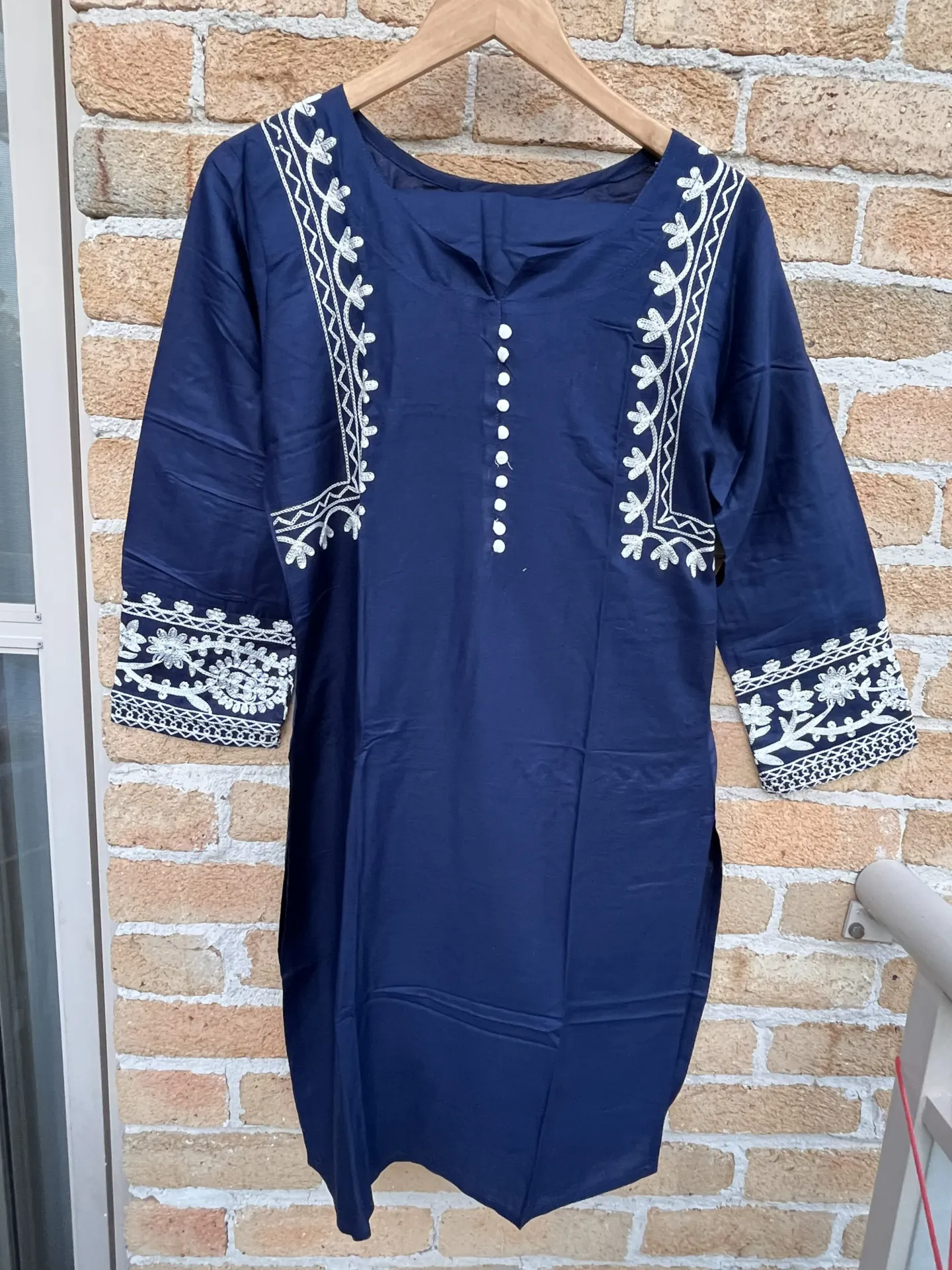 Long Kurti with Pant - Ryon Cotton Lucknawi Chikankari - Navy Blue