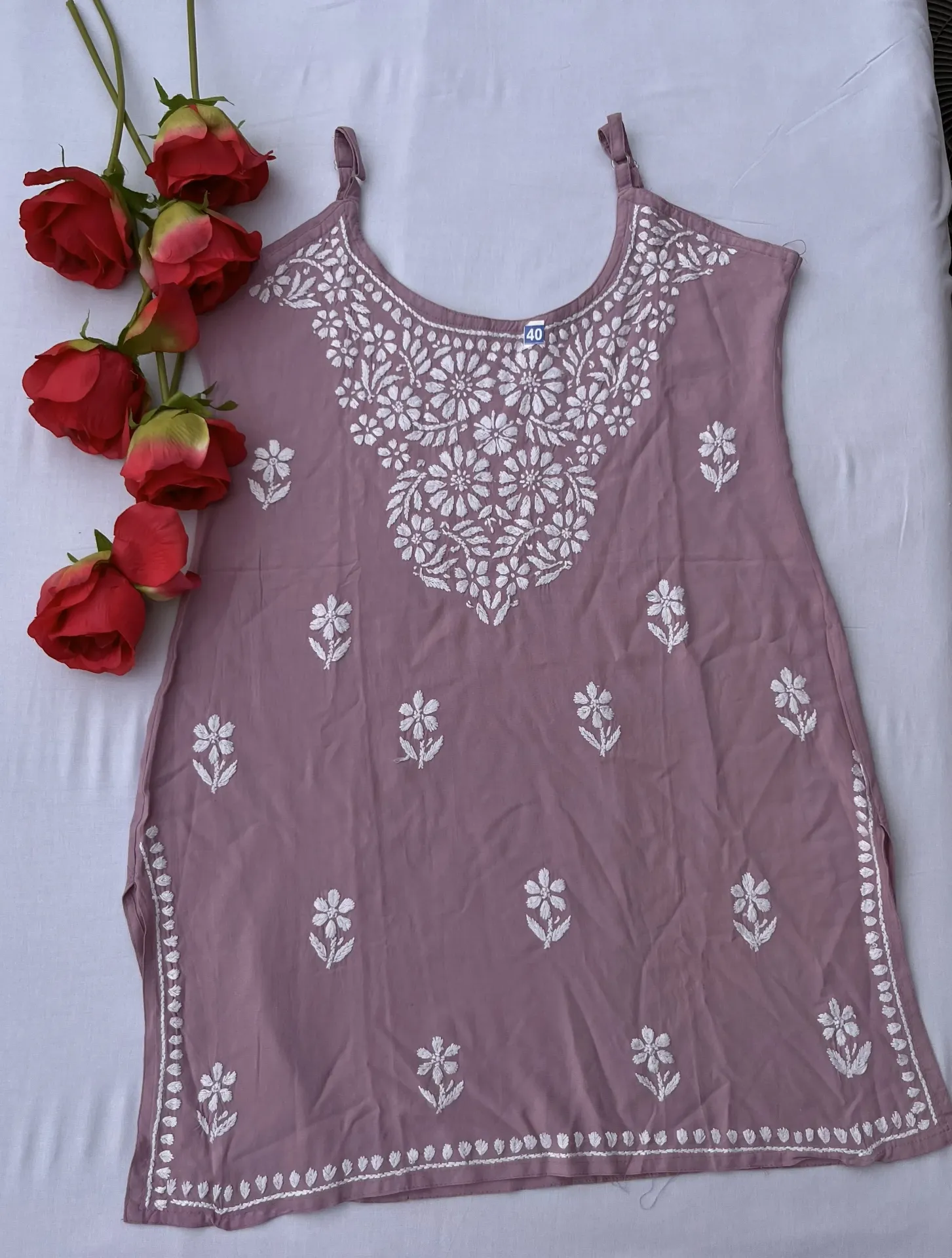 Sleeveless Top - Cotton Lucknawi Chikankari - Dusty Mauve